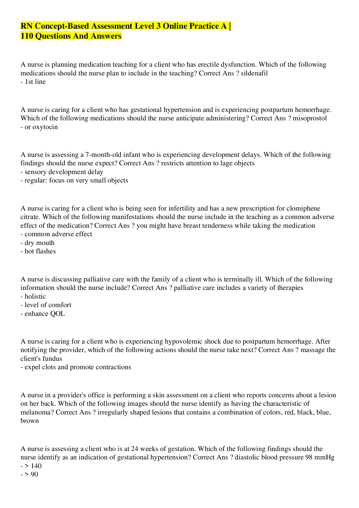 Preview image for RN Concept-Based Assessment Level 3 Online Practice A |  110 Questions And Answers